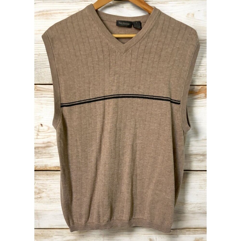 Van Heusen Mens Vest Size L V-Neck Sleeveless Sweater Knit Striped